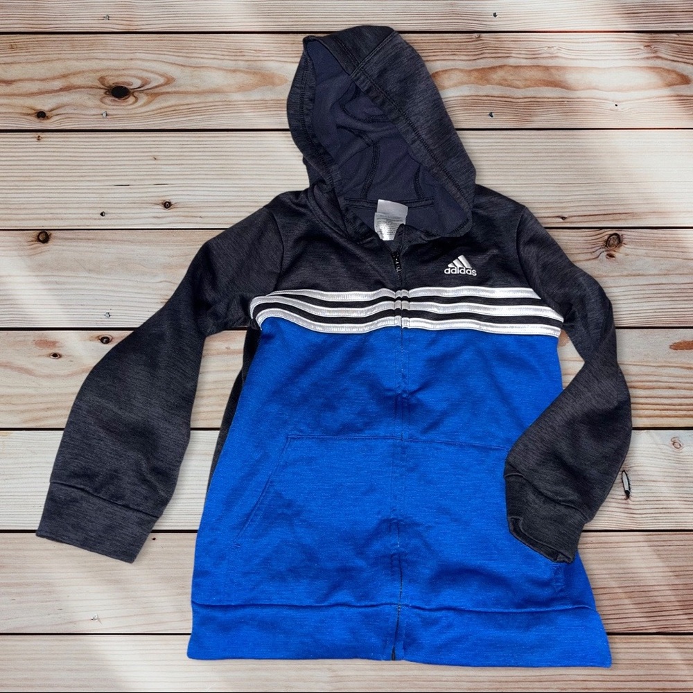 ADIDAS 7 EUC Jacket w/Hood Heathered Gray+Blue Colorblock White Zipper/Stripes